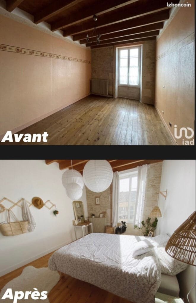 Avant après de la rénovation d'une chambre. Reprise complète des murs, ponçage des parquets et mise en place d'une huile protectrice.